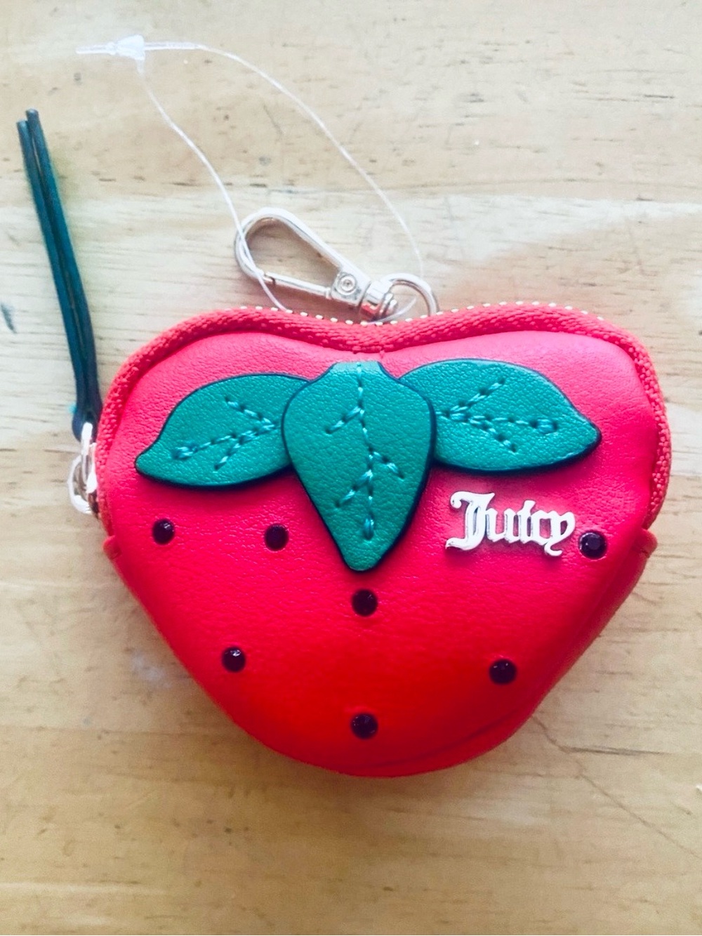 Juicy Couture Red Strawberry Coin Pouch with Green Leaf Accent